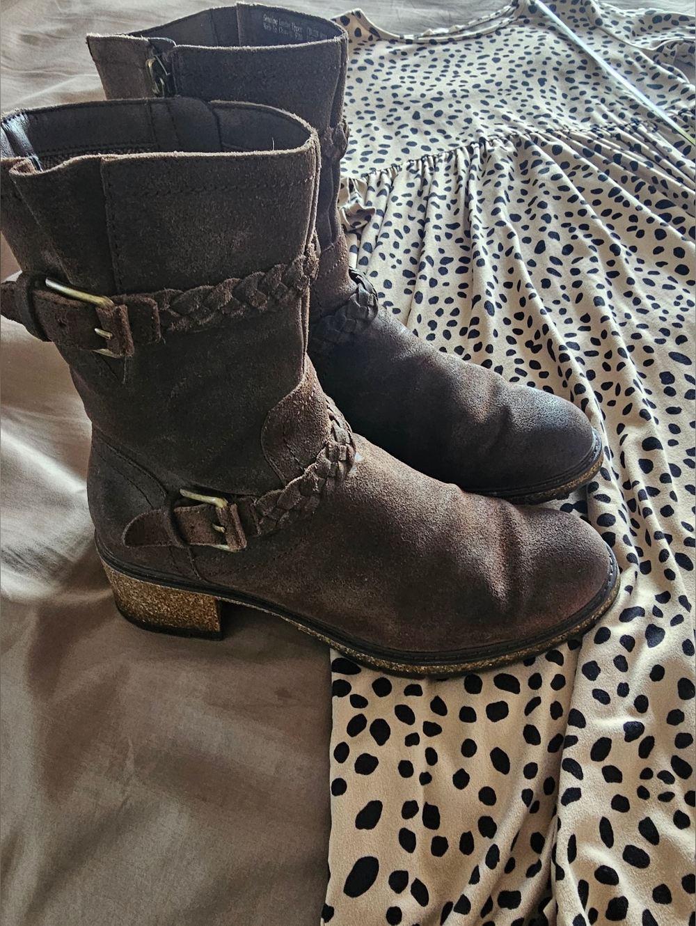 Aetrex Kara Brown Suede Braided Cork Ankle Boots | Orthotic Comfort | Size 40  9